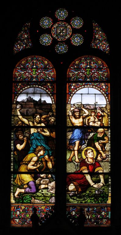 Verrière figurée, dite vitrail tableau (baie 35) : La lapidation de saint Etienne