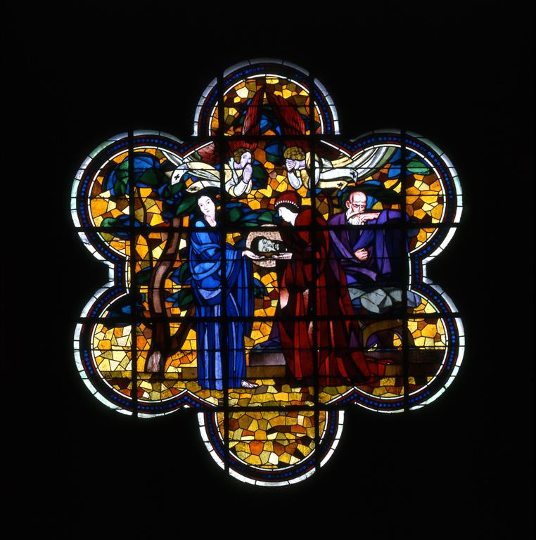 Ensemble des verrières de l'église : Les évangélistes, Saint Martin partageant son manteau, Salomé recevant la tête de saint Jean-Baptiste, Vierge en majesté, Symboles religieux (baies 1 à 17)