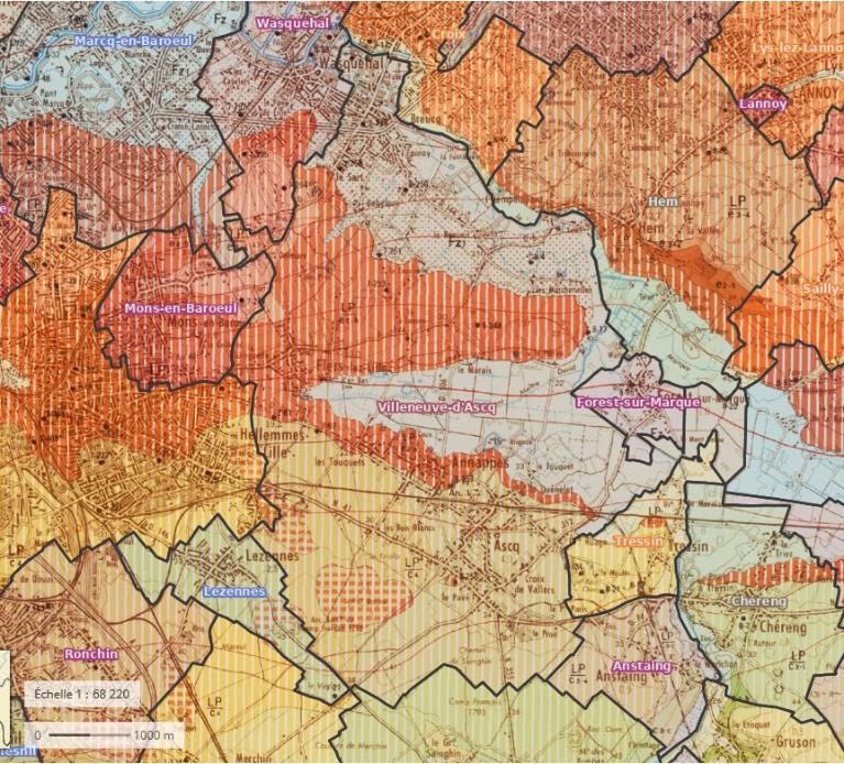 Carte géologique (vers 1950). En orange les sables du Barœul, en vert la craie du Mélantois, en bleu la zone humide.