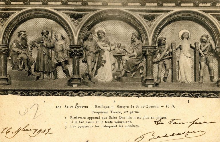 Suite des onze reliefs, de style néogothique, de la clôture de choeur : Apostolat et martyre de saint Quentin, invention et culte de ses reliques (seconde série)