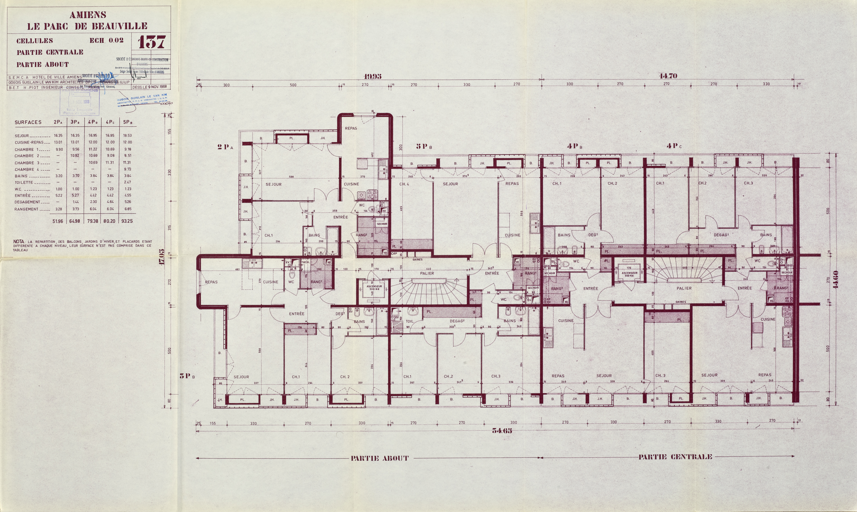 Plan de masse des appartements (parties centrale et about), GGK, 9 novembre 1968 (AM Amiens ; 3 O 4/1159).