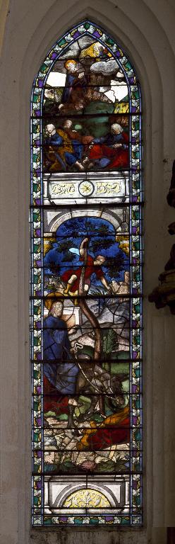 Ensemble de trois verrières (vitrail tableau) : l'Annonciation, l'Entrée du Christ à Jérusalem, l'Agonie du Christ, les apôtres (baies 0 à 2)