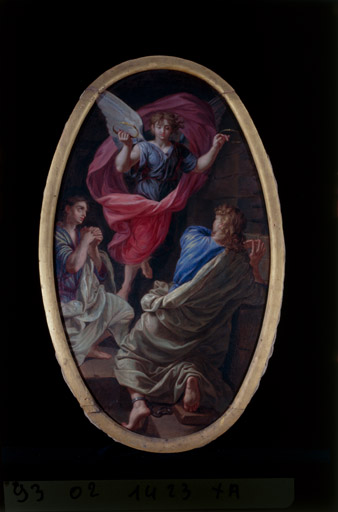 Ensemble du décor du choeur (revêtement mural, autel, tabernacle, statue)