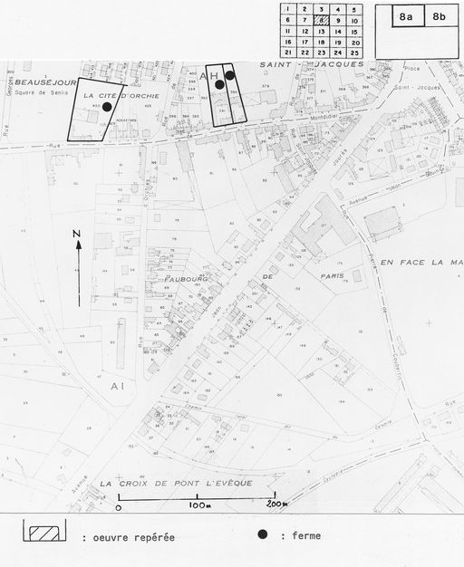 Carte d'enregistrement du repérage des fermes : faubourgs. Extrait du P.C.N. 1974, Noyon-Pont-l'Evêque, coupure 8a, 1/2000e.