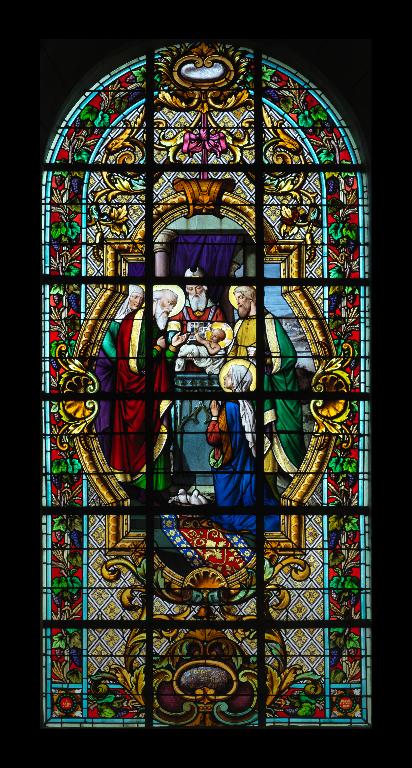 Ensemble de dix verrières figurées décoratives et quatre grisailles décoratives : Présentation de Marie au Temple, Présentation de Jésus au Temple, Saints (baies 1 à 14)