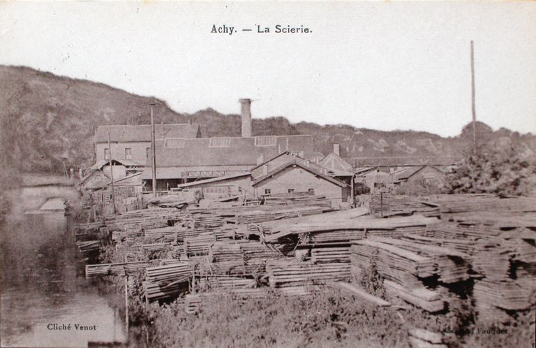 Moulin à blé d'Achy, puis tannerie Lesquandieu, puis scierie Dubus, Bilger, puis Mécabois, devenu logement et entrepôt industriel