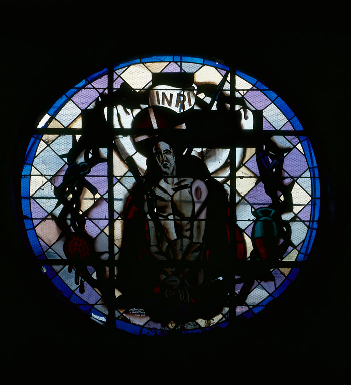 Ensemble de 3 verrières (baies 14, 16, 100) : saint Firmin, sainte Angèle Merici, Christ de Pitié