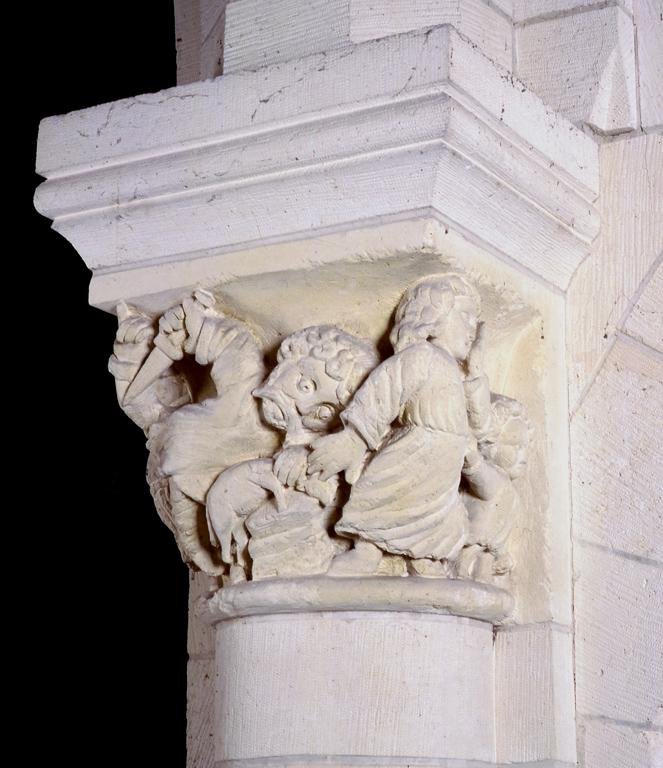 Ensemble de 4 chapiteaux : Sacrifice d'Abraham, Avarice, Pèsement des âmes, Martyre de saint Georges