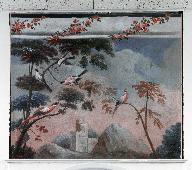 Paire de tableaux : paysage aux oiseaux