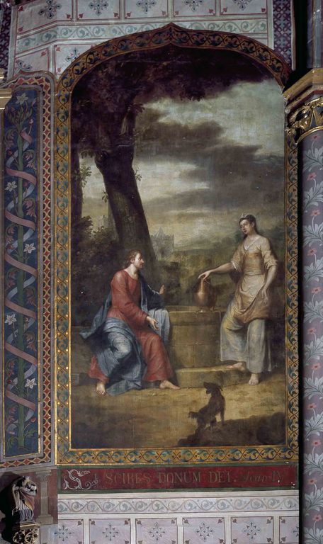 Ensemble de deux tableaux en pendant : le Christ servi par les anges, le Christ et la Samaritaine