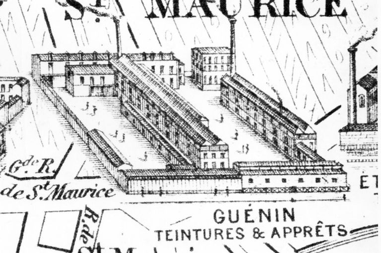 Anciennes teintureries Fauquelle et Poussart, puis La Rozière et Hévin, devenues usine de teinture et d'apprêts Guénin, puis Frémaux (détruites)