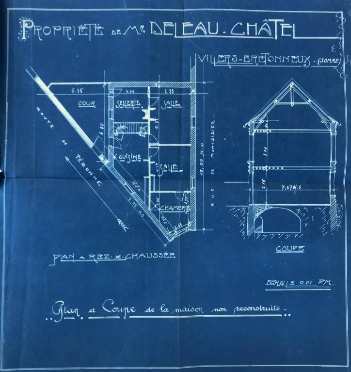Propriété de M. Delaux-Châtel à Villers-Bretonneux. Plan et coupe de la maison non reconstruite, [1919] (AD Somme ; 10R1250).