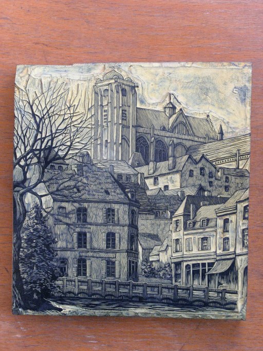 Ensemble de 19 éléments d'impression (bois gravés) et un livre (La Cathédrale)