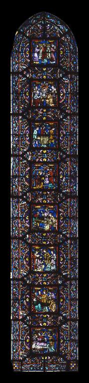Verrière légendaire (vitrail archéologique, verrière hagiographique) : scènes de l'histoire de saint Sixte et saint Sinice (baie 9)