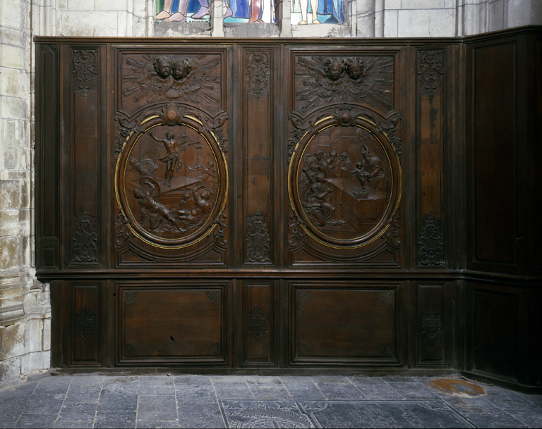 Lambris de demi-revêtement : Adoration des Bergers, Adoration des Mages, Présentation de Jésus au Temple et Résurrection du Christ