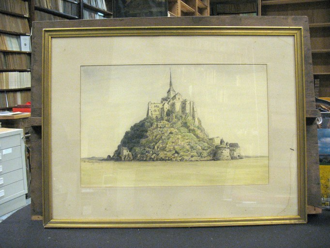 Ensemble de deux tableaux : Paysage avec toits rouges, Vue du marais audomarois ; deux dessins : Vue du Mont Michel, Portrait de Gustave Vandenbergue ; éléments d'impression (plaques de cuivre, bois gravés) : Le Lever de Fanchon