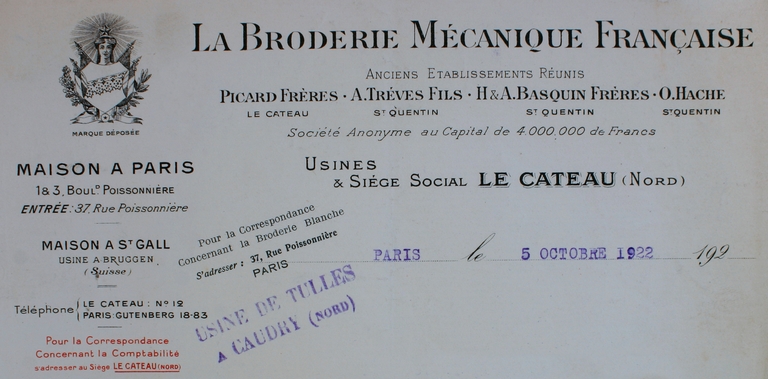 Ancienne broderie mécanique et tissage de coton Adolphe Trèves fils, Tissage Albris, usine de produit textile non tissé Trémois