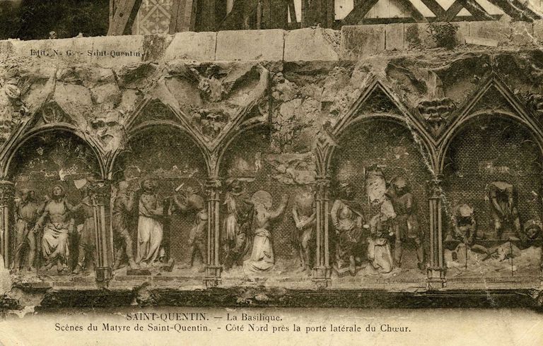Suite des onze reliefs, de style néogothique, de la clôture de choeur : Apostolat et martyre de saint Quentin, invention et culte de ses reliques (seconde série)