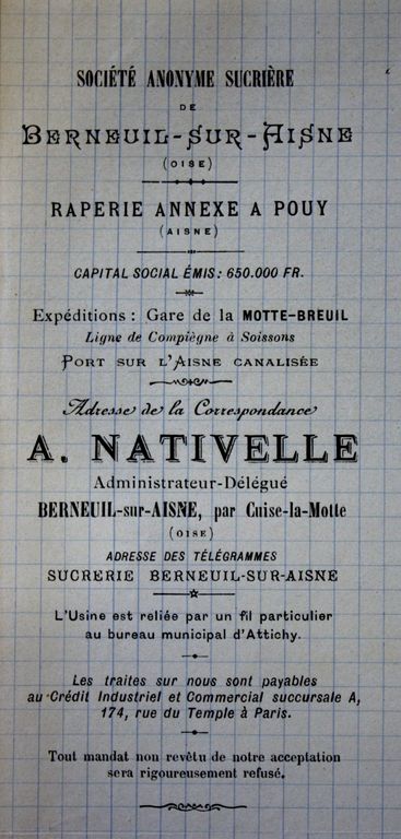 Ancienne sucrerie de betteraves Mils et Cie, puis SA Sucrière de Berneuil-sur-Aisne, puis Sucrerie et Distillerie de l'Aisne