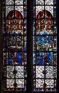 Ensemble de deux verrières hagiographiques : Scènes de la vie de saint Vincent et de la vie de saint Pierre (baies 10 et 14)