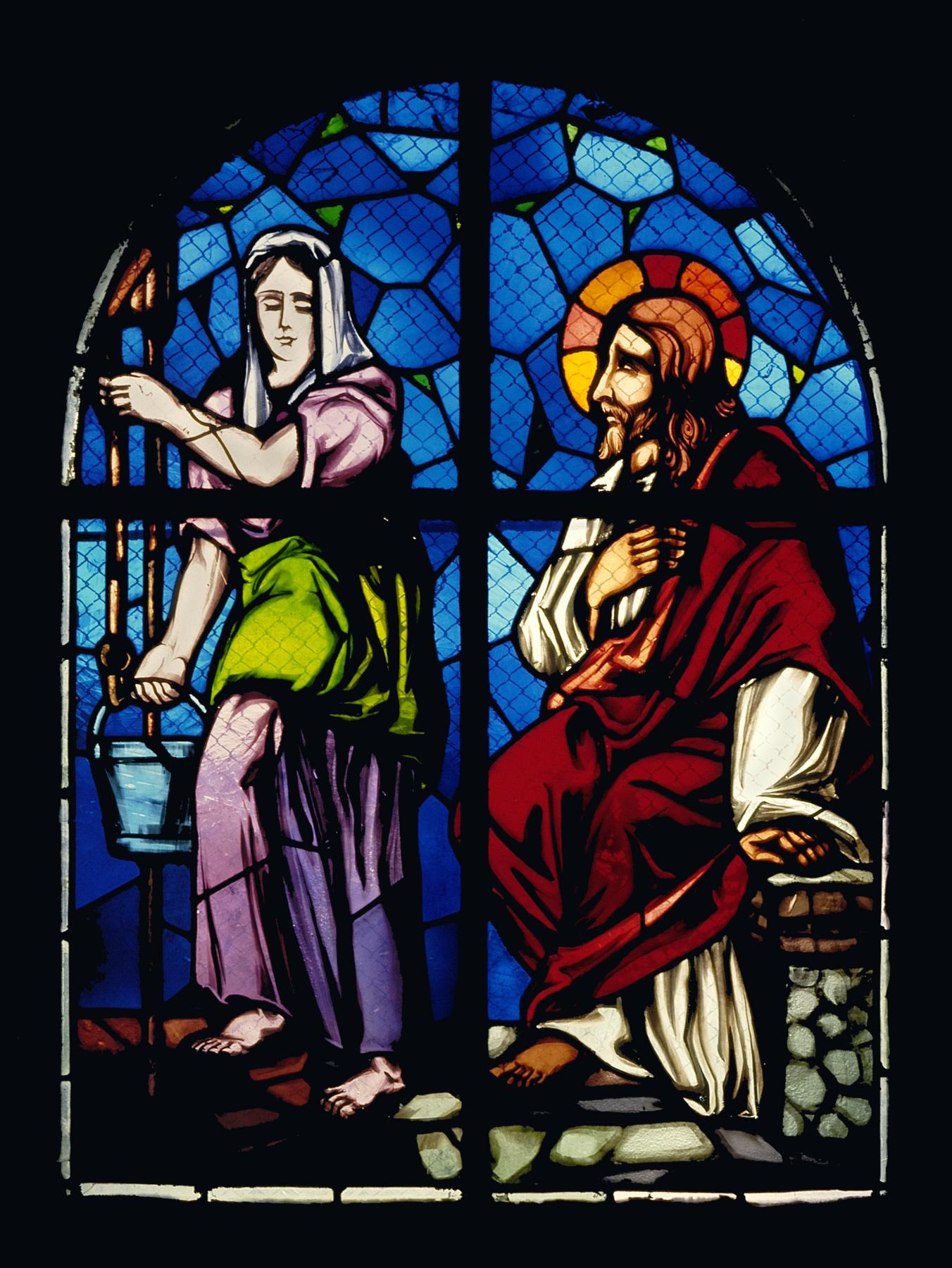 Ensemble des sept verrières des bas-côtés (verrières figurées et verrière décorative) : scènes de la vie du Christ