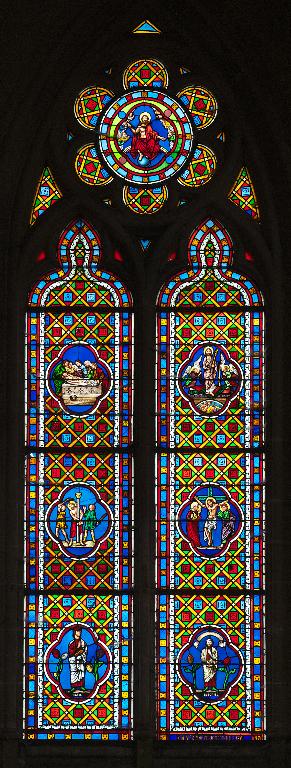 Ensemble des 23 verrières de l'église (baies 0 à 22) : Scènes bibliques