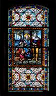 Ensemble de 6 verrières : Vierge de Lourdes, Sacré-Coeur, Education de la Vierge, saint Nicolas, saint Louis, saint Hyacinthe (baies 3 à 6, 11 à 12)