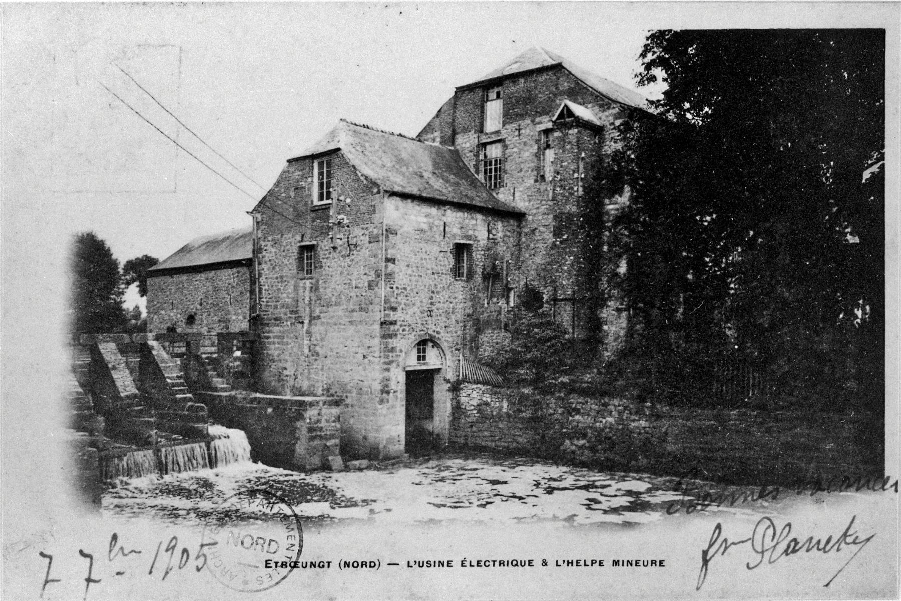 Carte postale au tout début du XXe siècle montrant le Petit moulin transformé en usine électrique (AD Nord).