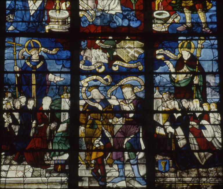 Verrière figurée (verrière mariale) : la Vierge des litanies, sainte Anne, saint Joachim, David, Salomon, les donateurs et leurs saints patrons (baie 13)