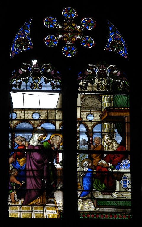Ensemble de trois verrières figurées, dites vitrail tableau (baies 23, 25 et 27) et de deux grisailles (baies 21 et 29) : Vie de la Vierge