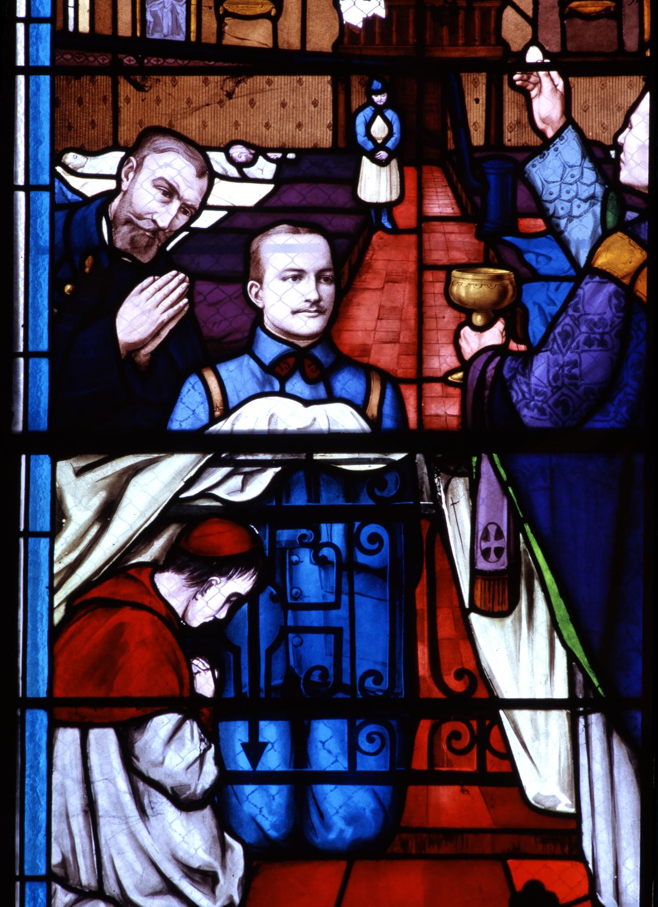 Ensemble des deux verrières figurées décoratives du transept (vitrail tableau) : Jésus bénit le travail, Jésus inspire le sacrifice