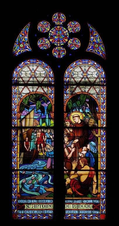 Verrière figurée, dite vitrail tableau (baie 34) : Saint Antoine de Padoue prêchant aux poissons
