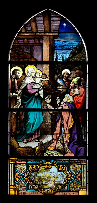 Ensemble des six verrières figurées des chapelles latérales : scènes de la naissance du Christ (baies 7 à 12)