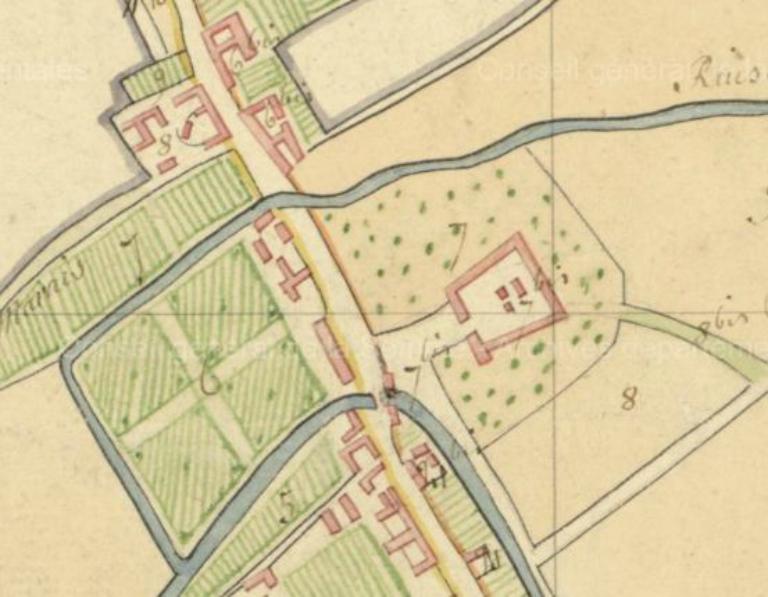 Plan de l'ancien château et des moulins de Saint-Ouen, détail du plan par masse de culture, 1804 (AD Somme ; 3 P 1102)