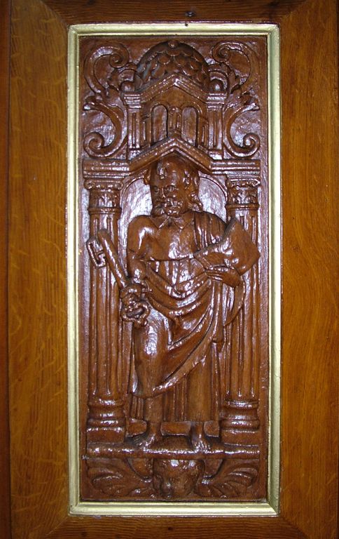Bas-reliefs de la chaire à prêcher : Salvator Mundi, Saint Pierre, Saint Paul