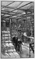 L'atelier de stockage des toiles de l'usine de Saint-Pipoy, inspirée de celle de Saint-Ouen, lithographie de Georges Lemoine d'après Henri Lanos, in Hector Malot, En famille, 1893, p. 293.