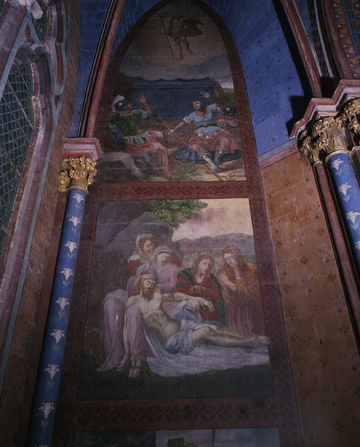 Peintures monumentales du mur ouest de la chapelle Notre-Dame-de-Labon : Montée au Calvaire, Déploration du Christ mort, Résurrection du Christ