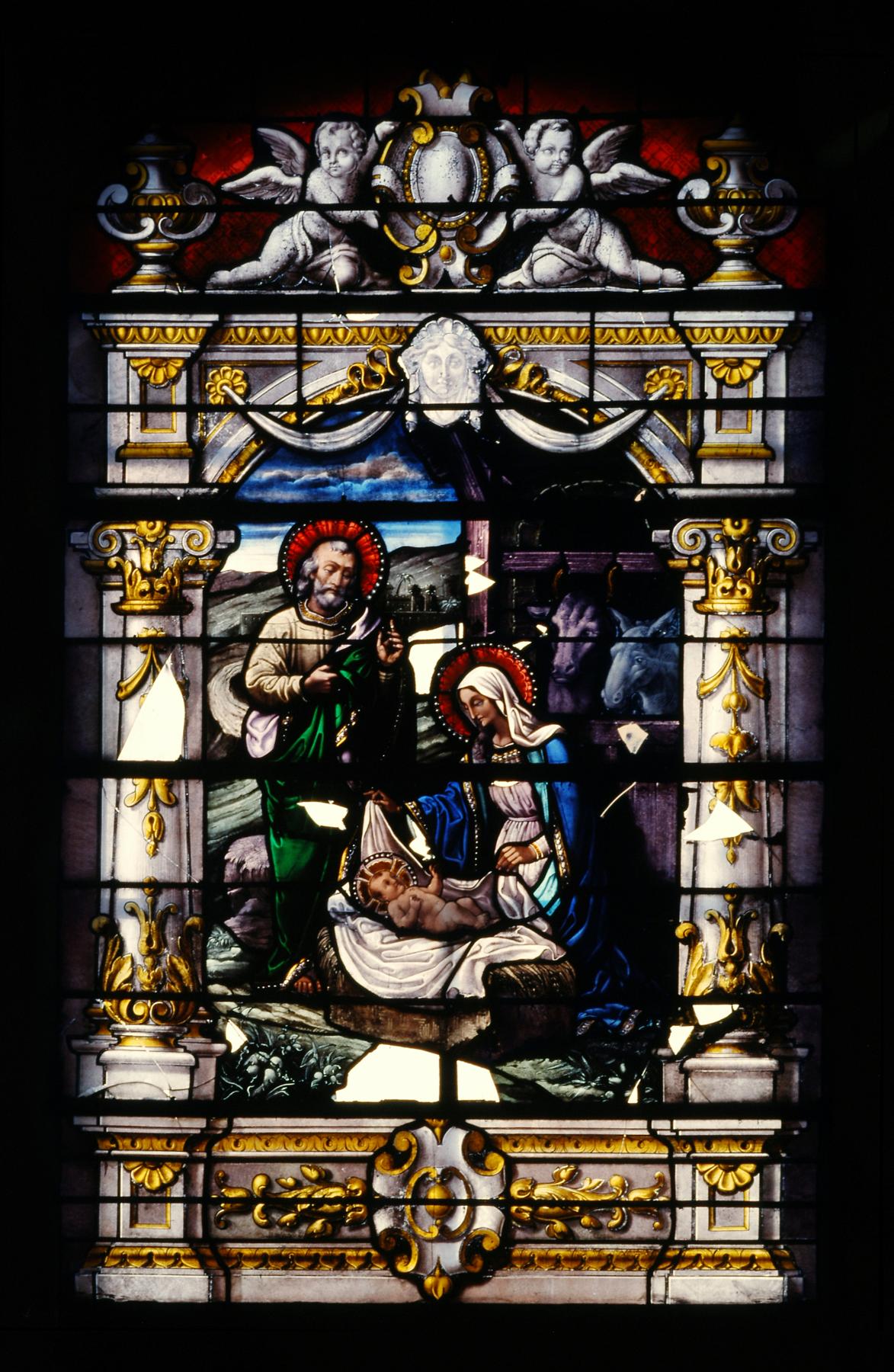 Ensemble de deux verrières figurées décoratives (vitrail tableau) de style néo-Renaissance : la Nativité, la Présentation au Temple
