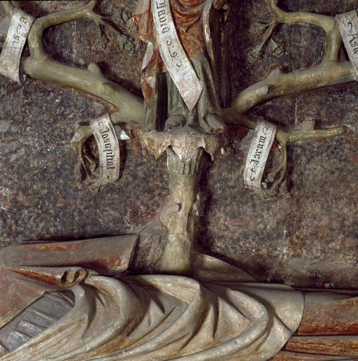 Haut-relief (décor d'architecture, décor intérieur) : Dieu le Père adoré par deux anges, Adam et Eve après la faute, l'Arbre de Jessé