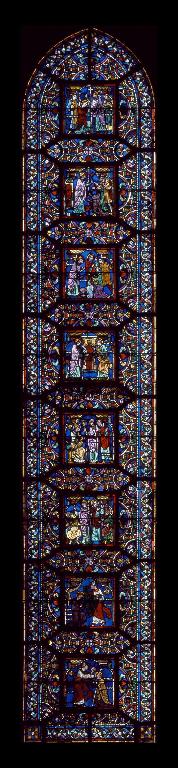 Verrière légendaire (vitrail archéologique, verrière hagiographique) : scènes de l'histoire de saint Sixte et saint Sinice (baie 13)