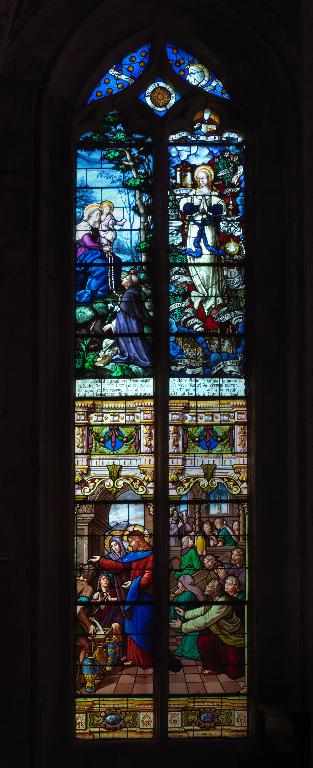 Verrière figurée (verrière mariale) : la Remise du rosaire à saint Dominique, la Vierge des litanies et les Noces de Cana (baie 1)