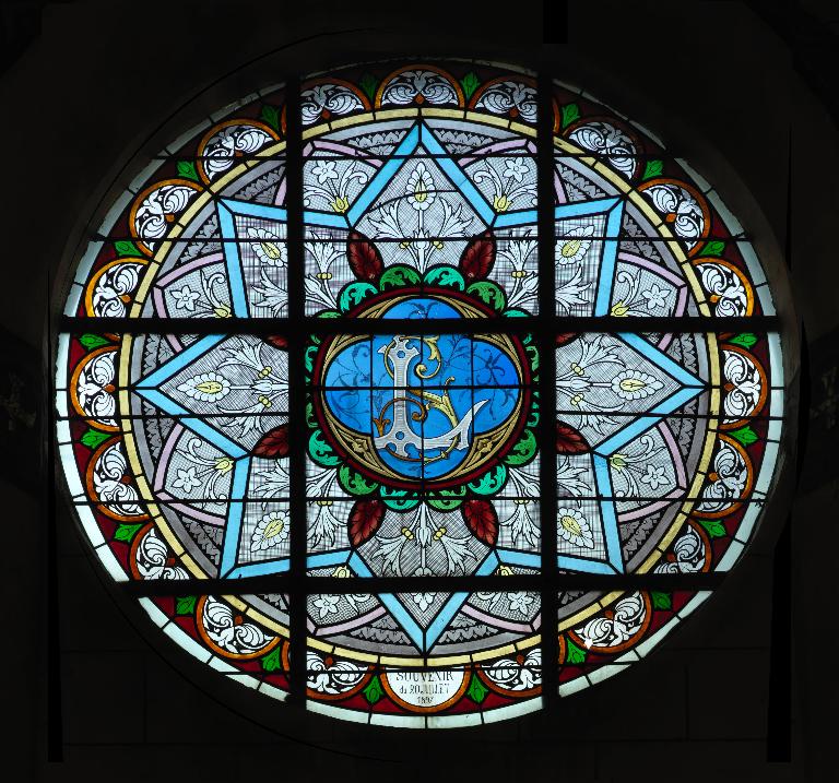 Ensemble de dix verrières figurées décoratives et quatre grisailles décoratives : Présentation de Marie au Temple, Présentation de Jésus au Temple, Saints (baies 1 à 14)