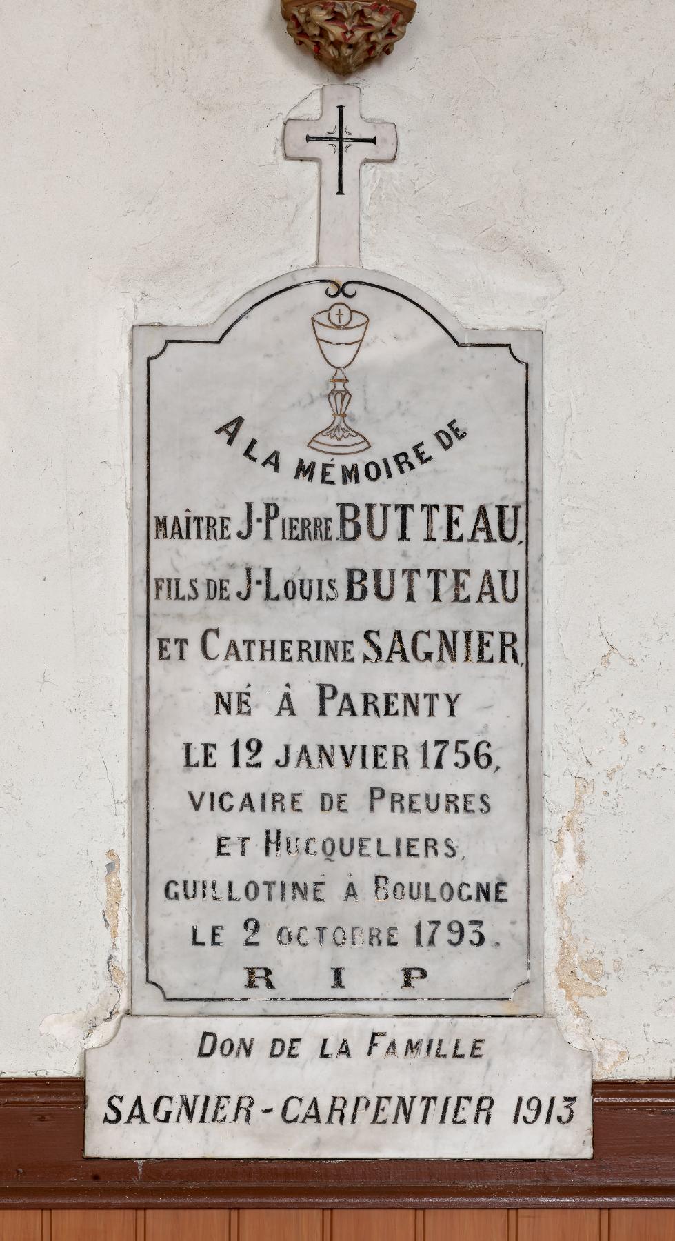 Plaque commémorative de maître Jean-Pierre Butteau (1756-1793), vicaire de Preures et Hucqueliers