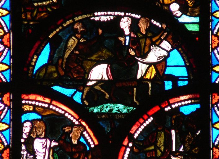 Verrière légendaire (verrière hagiographique) : scènes de la vie de saint Etienne et invention de ses reliques (baie 0)