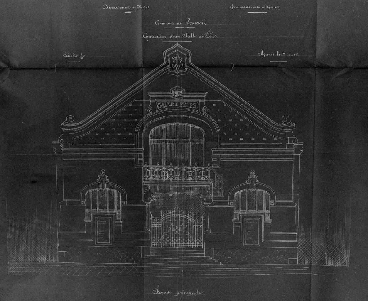 Salle des fêtes de Louvoil. Plan de l'élévation antérieure, 1905, Depasse architecte (AD Nord ; O371/76). 