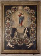 Tableau d'autel et cadre : Notre-Dame du Rosaire entre saint Dominique et sainte Catherine de Sienne