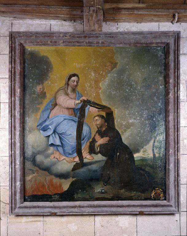 Tableau et son cadre : Saint Simon Stock recevant le scapulaire des mains de la Vierge