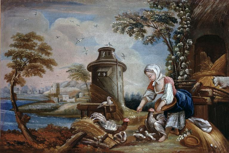 Paire de tableaux (en pendant) : scène pastorale, scène rurale