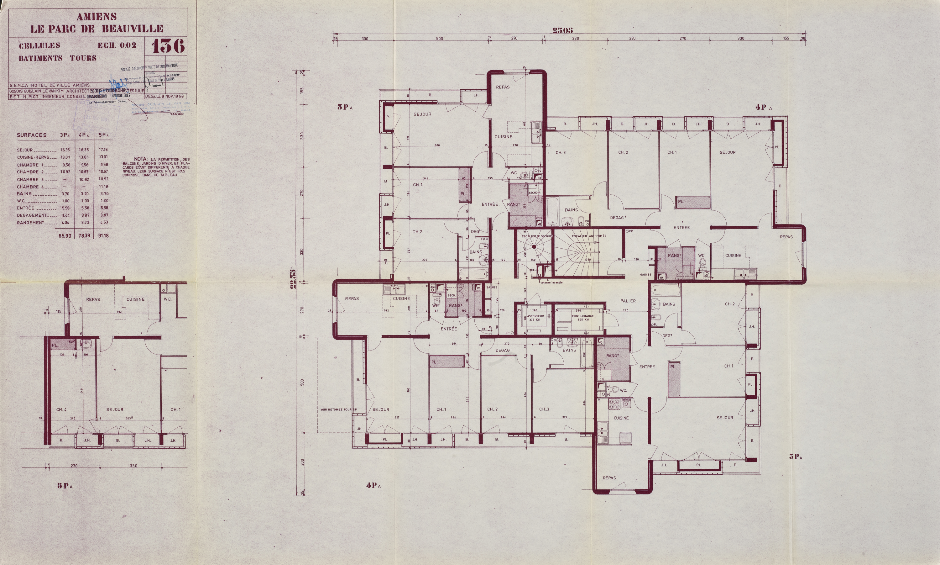 Plan de masse des appartements (bâtiments tours), GGK, 9 novembre 1968 (AM Amiens ; 3 O 4/1159).