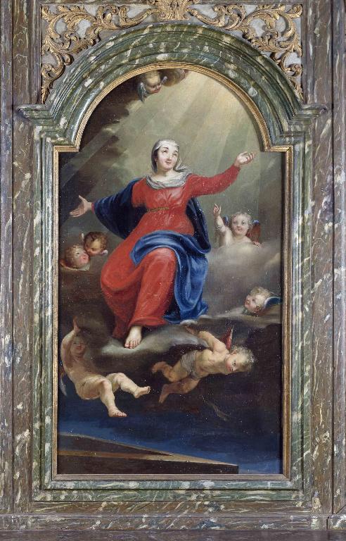 Ensemble de trois tableaux d'autel (des retables des autels secondaires de la Vierge, de Saint-Hubert et de Saint-Sébastien) : l'Assomption, Saint Hubert, Saint Sébastien secouru par un ange